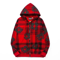 "Denim Tears" Plaid Pattern Full-Zip Oversized Hoodie (Red)