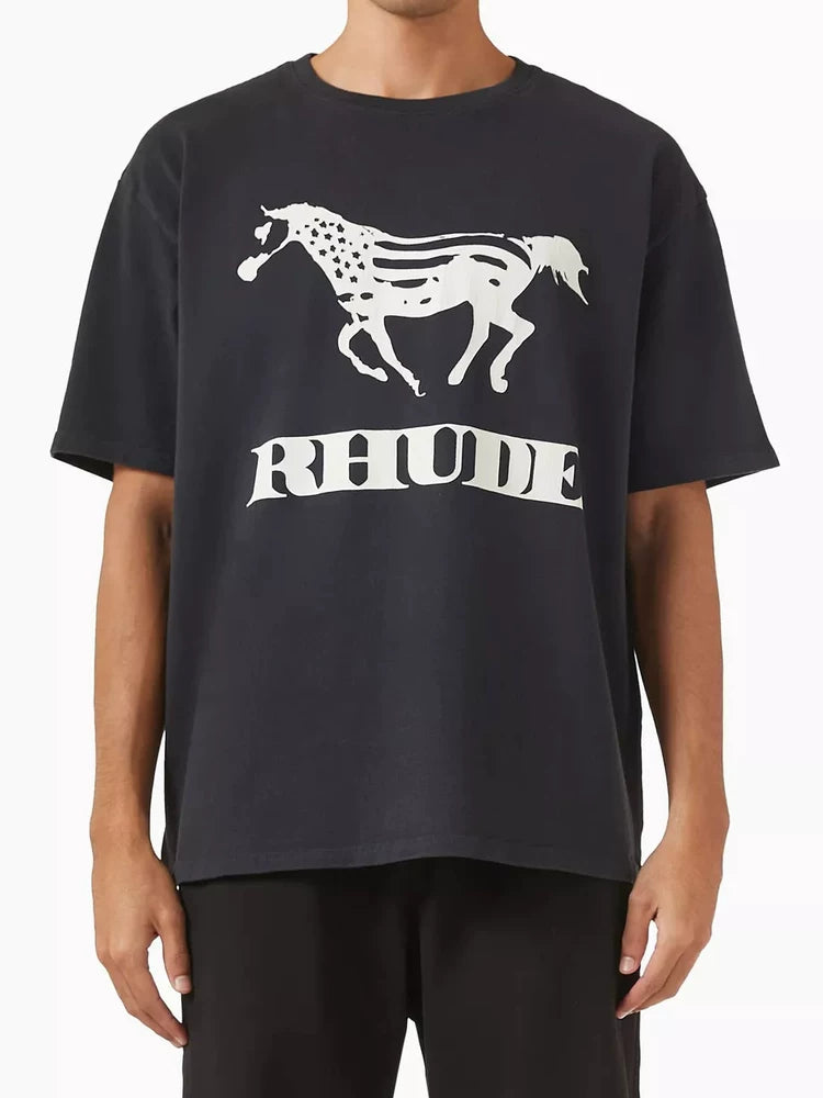 RHUDE letter printed 25S American retro printed short sleeved T-shirt for men and women, loose round neck street pure cotton top (5)