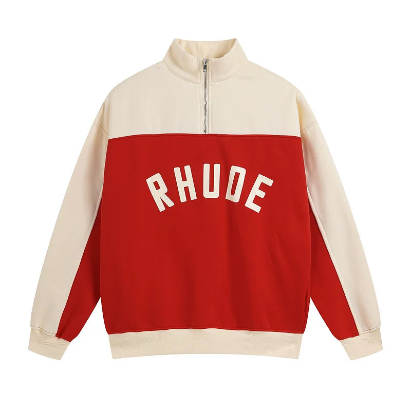 RHUDE American High Street Trendy Brand Retro Sports and Leisure Color Contrasting Design Loose Half Zipper Hoodie with Velvet (3)
