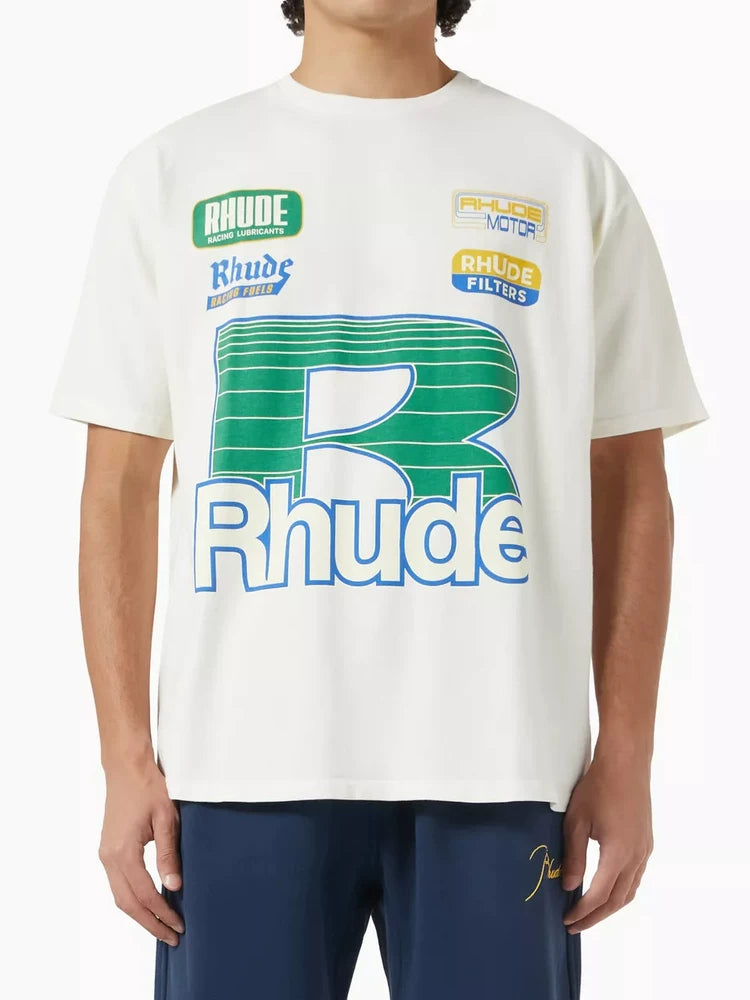 RHUDE letter printed 25S American retro printed short sleeved T-shirt for men and women, loose round neck street pure cotton top (3)
