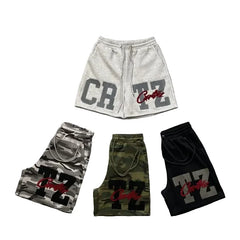 Corteiz camouflage shorts, trendy high street letter embroidery with plush drawstring camouflage shorts, fog