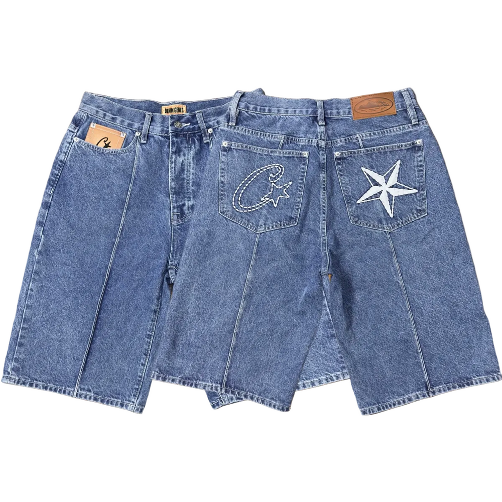 High version Corteiz Devil's Island West Coast denim shorts, kapok flower collaboration, American street six quarter pants trend (1)