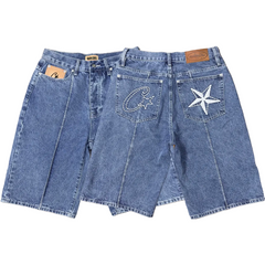 High version Corteiz Devil's Island West Coast denim shorts, kapok flower collaboration, American street six quarter pants trend (1)
