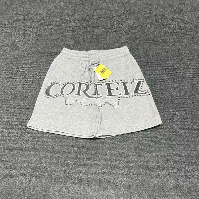 Corteiz American high street fashion brand letter embroidery nail bead sports and leisure pure cotton plus velvet camouflage drawstring shorts (2)