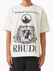 RHUDE letter printed 25S American retro printed short sleeved T-shirt for men and women, loose round neck street pure cotton top (4)