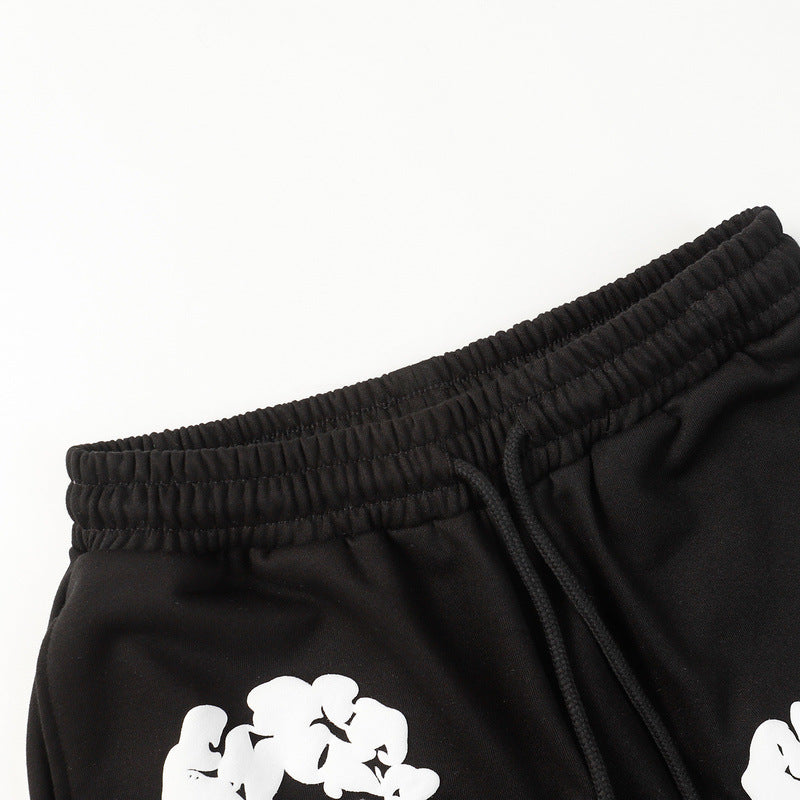 Denim Tears Black Cotton Sweat Shorts With White Textured Flower Wreath Print