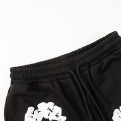 Denim Tears Black Cotton Sweat Shorts With White Textured Flower Wreath Print