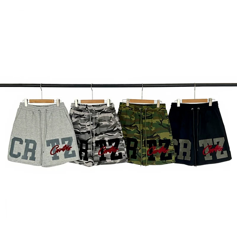 Corteiz camouflage shorts, trendy high street letter embroidery with plush drawstring camouflage shorts, fog