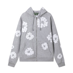 "Denim Tears" Grey Floral Pattern Full-Zip Hoodie