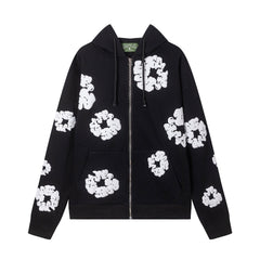"Denim Tears" Black Floral Pattern Full-Zip Hoodie