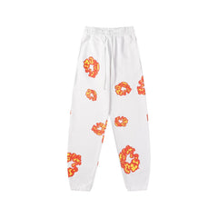 "Denim Tears" White & Red-Orange Floral Pattern Oversized Sweatpants