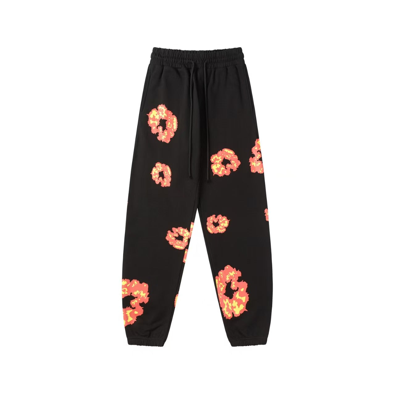 "Denim Tears" Black & Red-Orange Floral Pattern Oversized Sweatpants