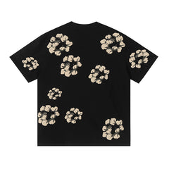 Denim Tears Black Oversized Short Sleeve Tee With All Over Beige Flower Wreath Print