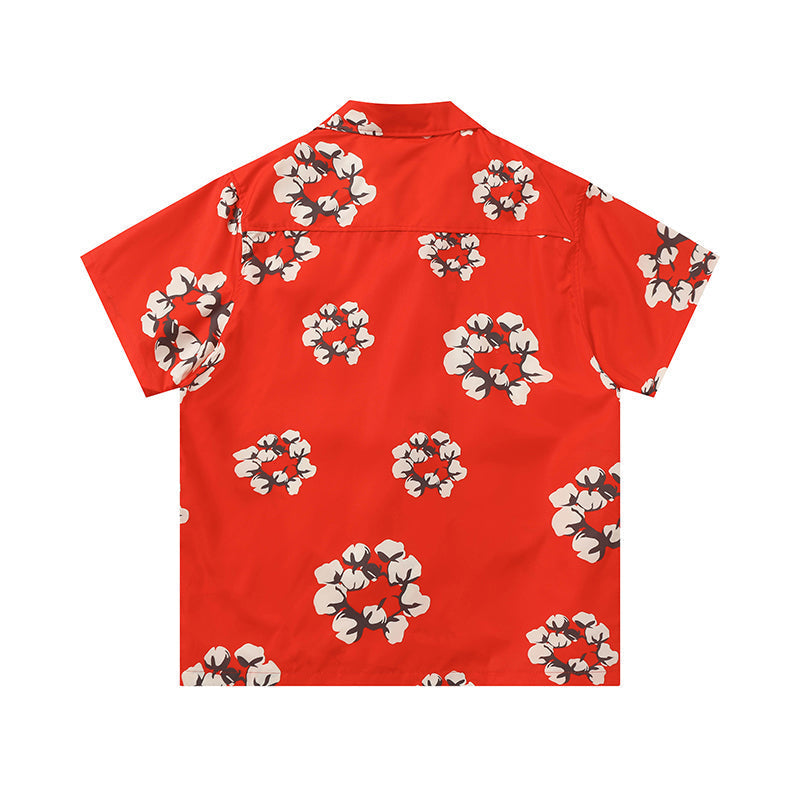 Denim Tears Bright Red All Over White Floral Wreath Print Camp Collar Short