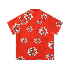 Denim Tears Bright Red All Over White Floral Wreath Print Camp Collar Short