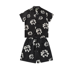 Denim Tears Black White Floral Wreath Print Camp Collar Shirt & Drawstring Shorts