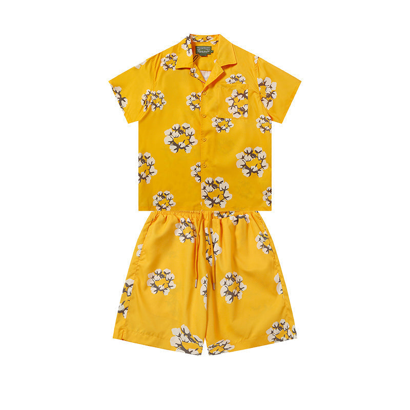 Denim Tears Bright Yellow Floral Ring Print Camp Collar Shirt & Drawstring Shorts
